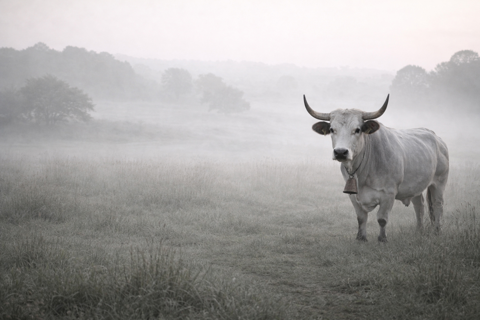 Boškarin cattle standing in a misty Istrian field