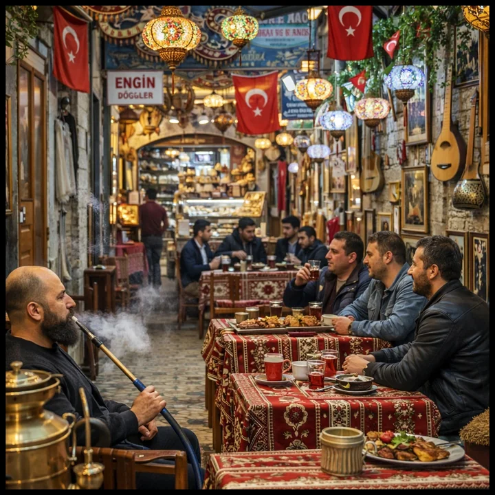 People seated at tables inside a richly decorated tea house